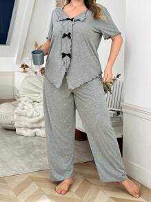 Plus Size Women Casual Soft & Comfortable Bowknot V-Neck Lounge Top & Pants Pajamas Set, Outfits