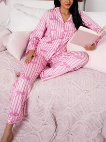 女士条纹蝴蝶结装饰睡衣套装，长袖上衣和裤子 - 粉色 - 查看 6