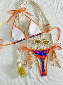 SHEIN Swim Ensembles de bikini pour femmes avec impression aléatoire, à liens au cou et au dos, et liens sur les côtés. Maillots de bain pour vacances à la plage