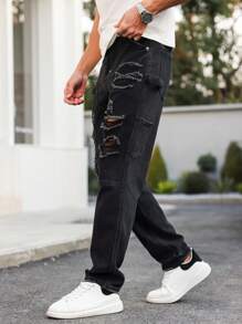 Manfinity Homme Men's Black Distressed Denim Jeans: Ripped Design Long Length Zipper Fly Casual Fit - Black - View 4