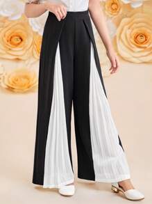 SHEIN Pantalones negro sólido con parches y blanco plisado para niña preadolescente, pantalones casuales y elegantes negros, temporada de vuelta al colegio