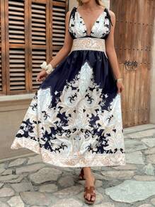 Chiquease Women's Vacation Beach Deep V Halter Tie Neck Backless Retro Print Dress