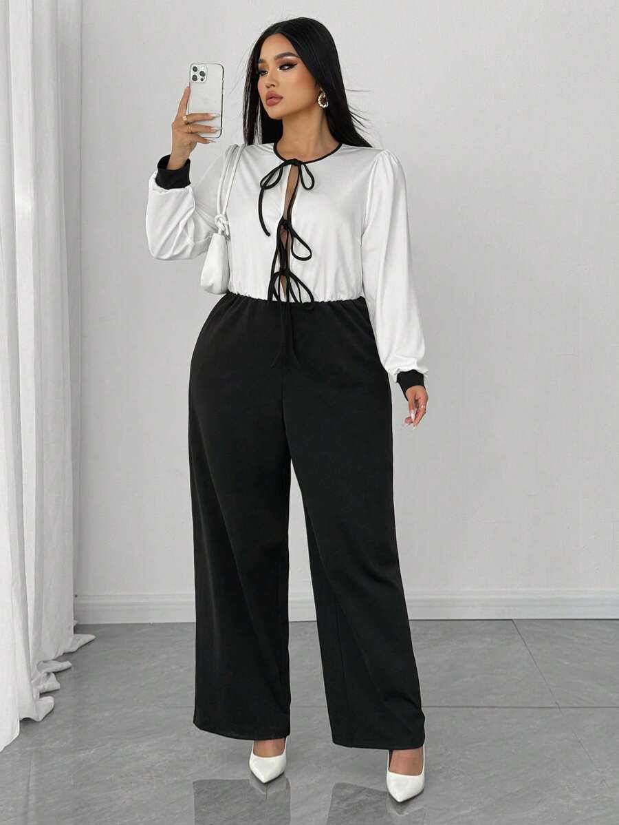 SHEIN Unity Plus Size Elegant Contrast Color Patchwork Bowknot Jumpsuit, Autumn - Black and White - View 1