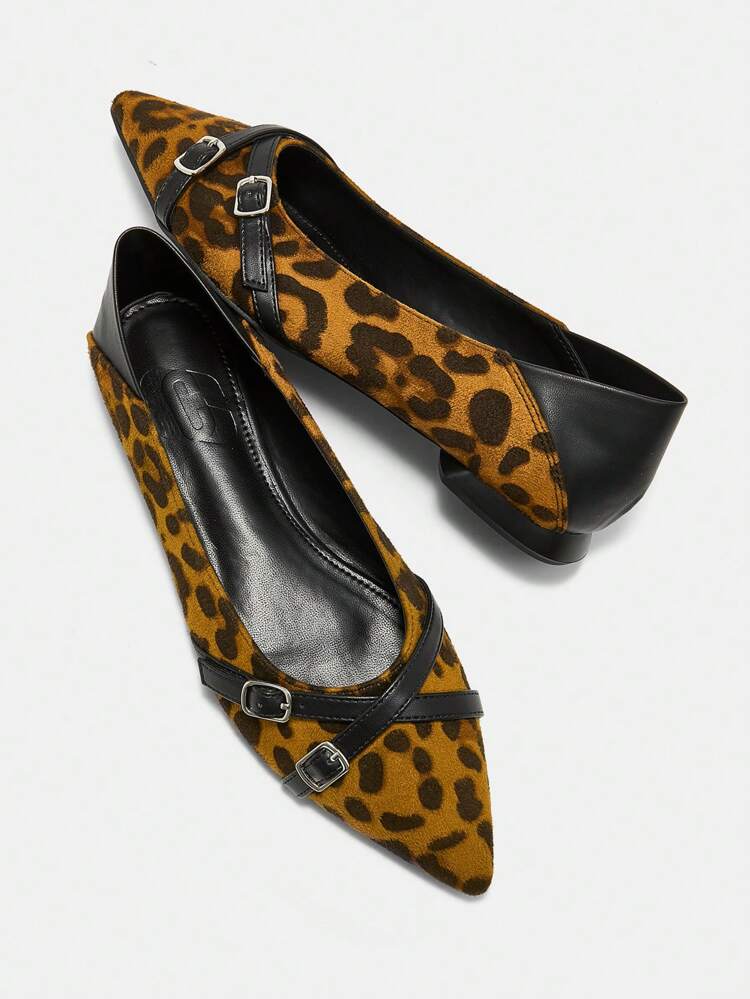 CUCCOO BIZCHIC Women's Leopard-Print Brown Crossband Silver Buckle Decor Casual Flat Sandals Spring Shoes Spring Break Easter