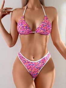 SHEIN Swim 2pcs Women Ditsy Floral Spaghetti Strap Halter Crop Top And Low Waist Thong Bikini Set, Minimalist & Sexy Daily Swimwear, For Summer Beach Vacation - Multicolor - View 5