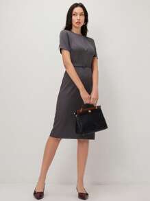 BizChic 女士灰色短袖中长连衣裙，都市通勤商务休闲优雅派对礼服，适合万圣节、圣诞节、派对场合