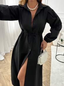 EURMUSE Casual Style, Button Through, Drawstring Belt Detailed Long Shirt Dress - White - View 5