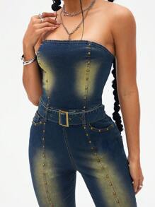 Jeanoix Mono estilo retro americano con escote halter, nuevo monos de pierna acampanada ajustados y desgarrados, sexy para primavera/otoño