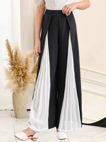 SHEIN Pantalones negro sólido con parches y blanco plisado para niña preadolescente, pantalones casuales y elegantes negros, temporada de vuelta al colegio