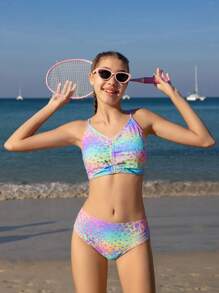 Teen Girls Swimwear Set Colorful Leopard Print Adjustable Straps Top & Mesh Floral Long Pants - Multicolor - View 5
