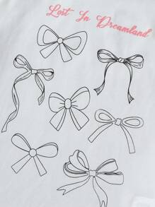 Denimly 年轻女孩休闲都市可爱学院风 2 件套：白色短袖蝴蝶结图案 T 恤和宽腿高腰可调节抽绳牛仔裤 - 白色 - 查看 7