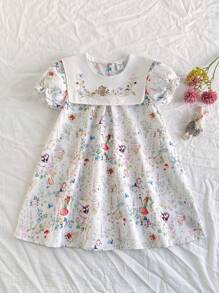 Vintaside Kids Young Girl Cute Rabbit Allover Print Puff Sleeve Dress - Multicolor - View 2