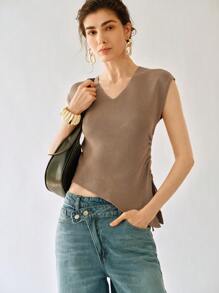 Uhlyne Uhlyne Women Solid Color Asymmetric V-Neck Hollow Button Cinched Waist Blouse - Khaki - View 1