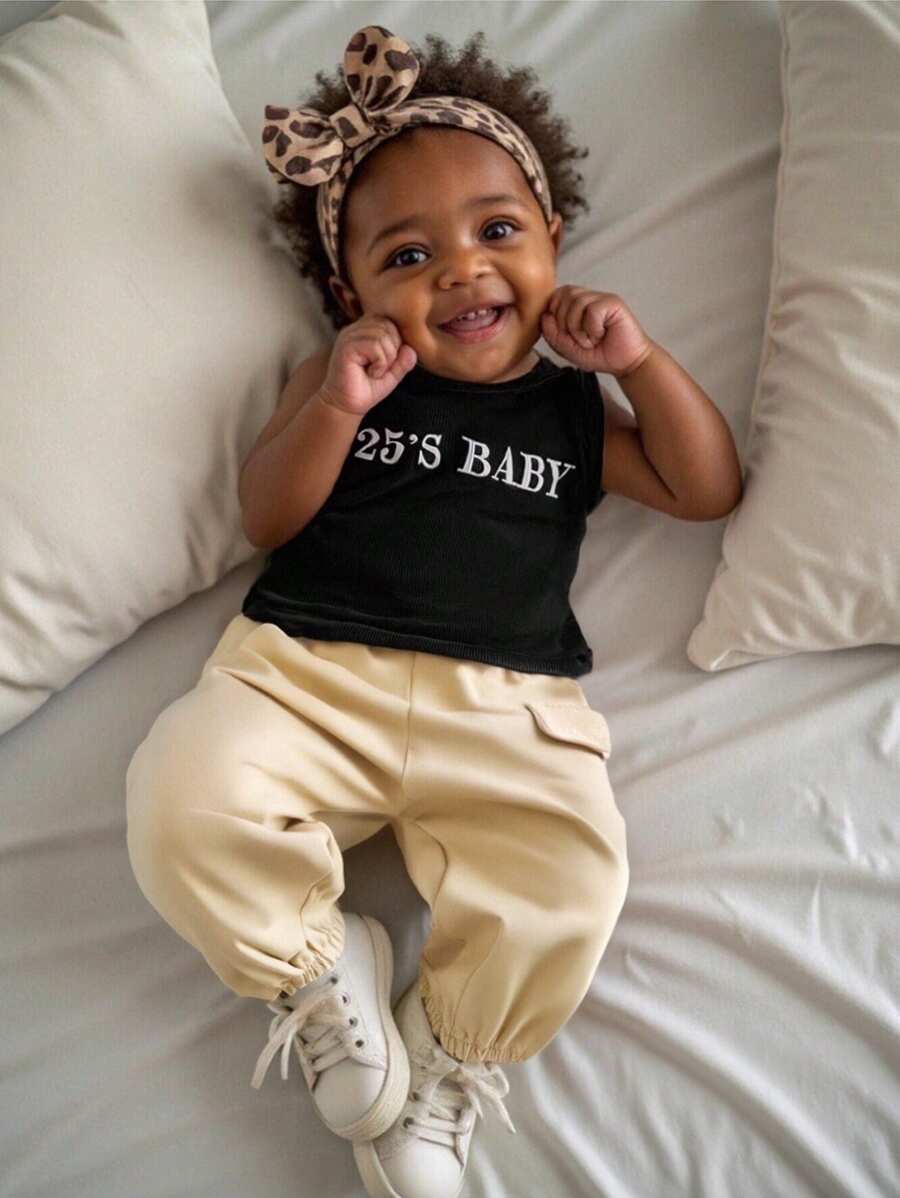 2pcs Set Baby Girl Infant Toddler 0-3 Years Old Spring Summer New Fashion Sports Outdoor Casual Slogan Graphic Top Tee And Khaki Cargo Pants Outfit