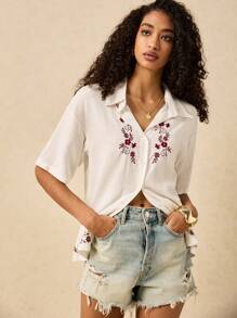 Poéselle 女士简约时尚休闲长袖衬衫，日常穿着 - 白色 - 查看 1