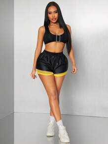 SHEIN SXY Black & Yellow Color Block Casual Street Sporty Super Short Shorts, Sports Shorts, Tennis Shorts, Running Pants, Versatile Bottom Wear For Spring & Summer