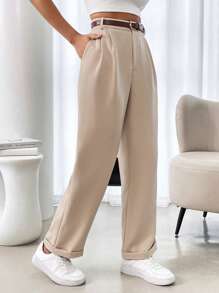 RosyDaze Pantalon de tailleur pour femmes décontracté, de couleur unie, sans stretch, avec ourlet plissé et poches