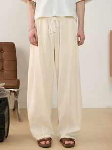 SWAVVY Standard Size Men's Casual Loose Silhouette Patch-Work Drawstring Waist Fabric Vintage White Spring/Summer Trousers