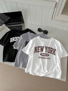 SHEIN EZwear Bộ 3 áo thun cổ tròn tay ngắn ôm vừa vặn màu đen/trắng/xám in họa tiết "New York", size lớn, phù hợp cho mùa hè - Nhiều màu - Xem 2