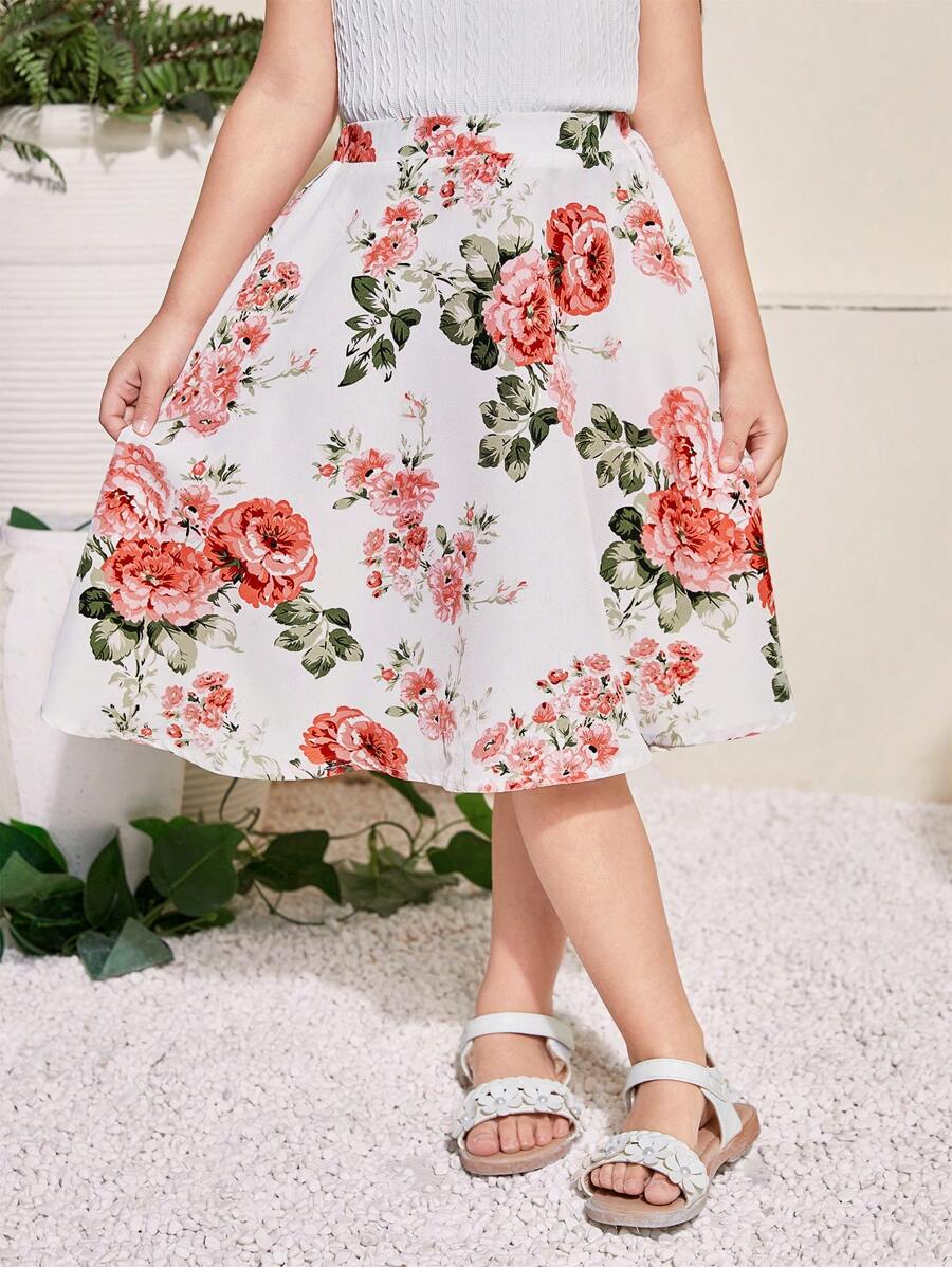 SHEIN Young Girl Easter Viscose Ditsy Floral Skirt - Pink - View 1
