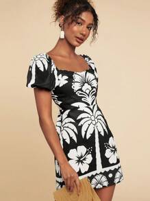Travachic Black & White Printed Puff Sleeves Mini Dress - Black - View 4
