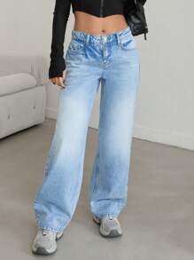 EURMUSE Quần Jeans Ống Rộng Cạp Thấp Snow Wash, Đơn Giản Và Thời Trang Cho Mặc Hàng Ngày - Rửa trung bình - Xem 3