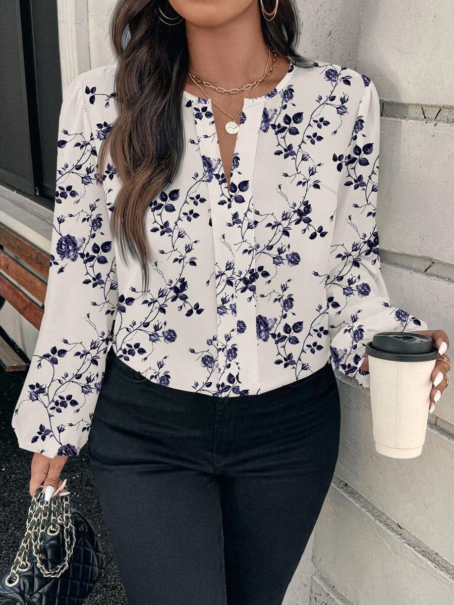 SHEIN Clasi Casual Vintage Floral Pattern Round Neck Long Sleeve Plus Size Shirt, Suitable For Spring/Summer - Apricot - View 1