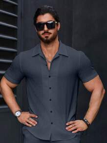 Manfinity CasualCool 男士纯色单排扣短袖休闲/商务衬衫 - 藏蓝色 - 查看 7