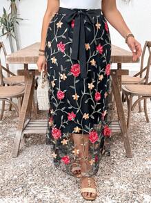 SHEIN Clasi Falda larga con cinturón de mujer talla grande con bordado en malla con línea A - Negro - Ver 4