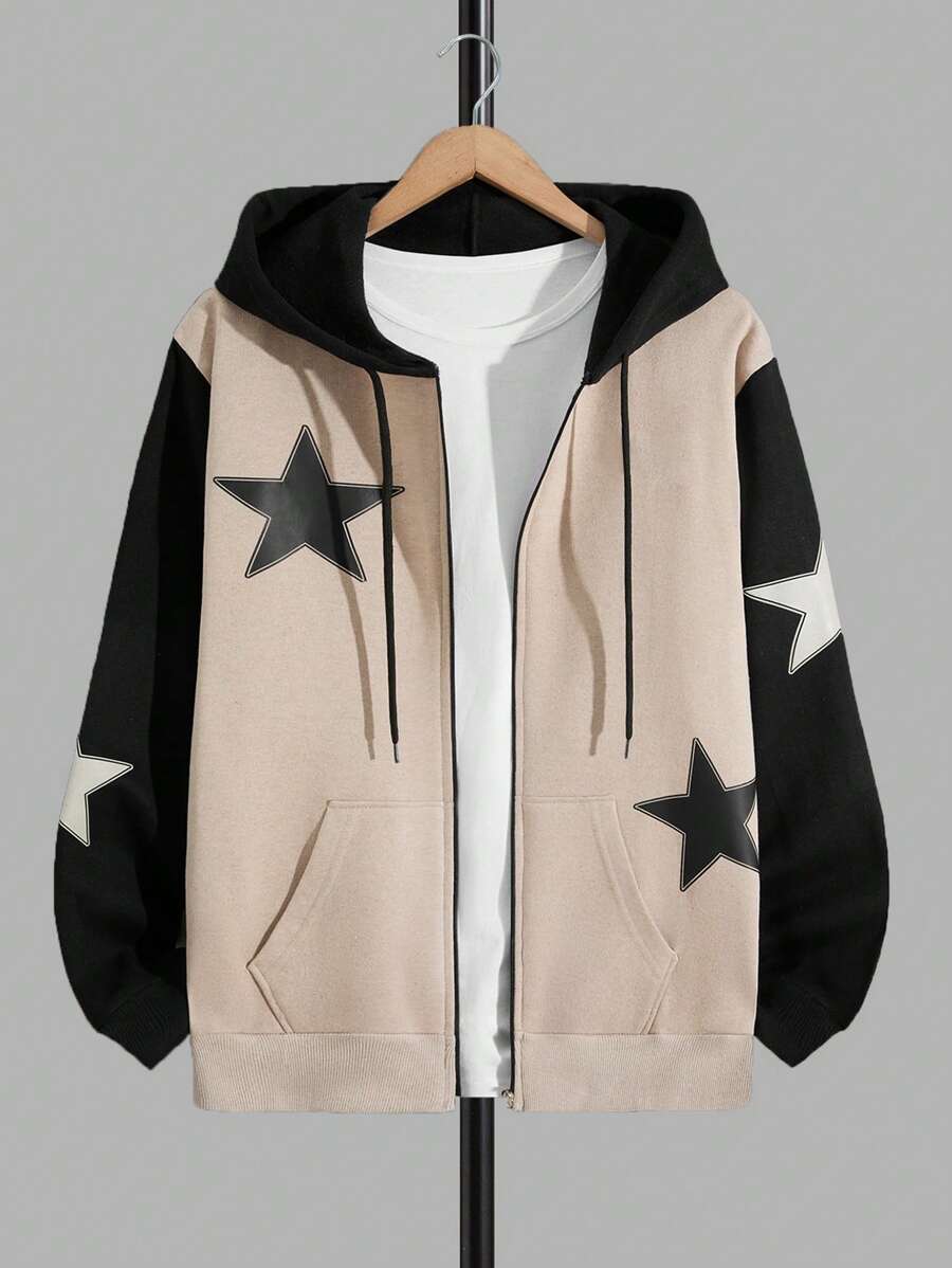 RueChic Men Star Printed Color Block Regular Zipup Hoodie - Beige - View 1