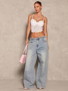 Glamine Top-camisola con aros, bloque de color, decoración de moño y bordados románticos y sexys para mujeres - Blanco - Ver 3