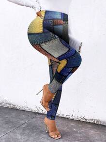 SHEIN LUNE Plus Size Women Casual Fashion Denim Effect Leggings