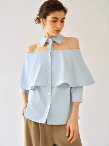 Uhlyne Uhlyne Blusa elegante e casual da donna, con spalle scoperte, collo alla coreana e maniche a meta - Blu - Visualizzare 2