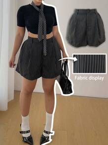 Flirla Plus Size Striped Open Front Elastic Waist Side Pocket Shorts