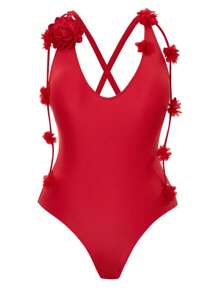 Swim Oasis 2pcs/Set Plus Size Women Solid Color Spaghetti Strap Shoulder Strap Floral Decor Long Bodycon Skirt Swimsuit - Red - View 3