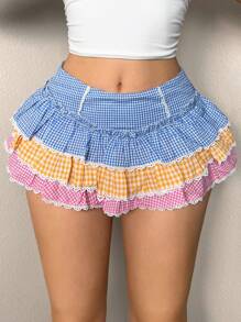 Sweetina Summer Outfits For Women Y2k Mini Skirt Lace Patchwork Color Contrast Plaid Print Ruffle Trim Mini Skirt With Ultra Low Waist - Multicolor - View 1