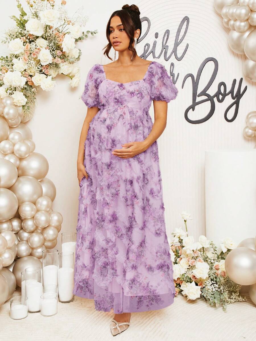 Loomaby Vestido casual largo con estampado floral, de manga corta y cuello de corazón para embarazadas - Morado - Ver 1