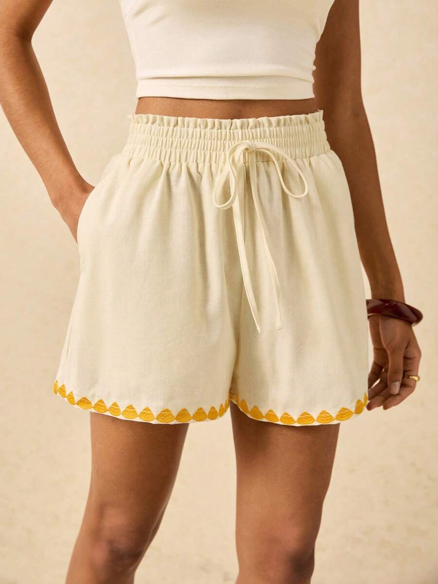 Poéselle Women's Holiday Casual Embroidered Trim Shorts, Women Summer Shorts, Summer Outfits For Women Shorts