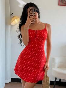Islaluna Vestido sexy de tirantes finos con estampado de corazón y pequeñas flores para mujeres