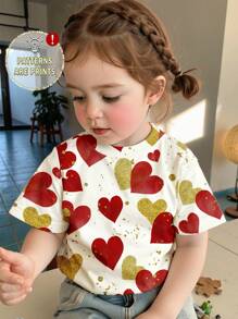 SHEIN Vintage Hand-Painted Heart Print, Young Girl Casual Simple Round Neck Short Sleeve T-Shirt, Suitable For Summer