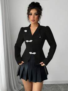 Chiquease 女装中国新年圆盘纽扣旗袍领优雅约会圣诞节情人节度假演唱会复活节约会商务休闲春季舒适长袖里料松紧腰不对称原创黑白上衣 - 黑色 - 查看 4