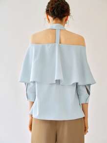 Uhlyne Uhlyne Blusa elegante e casual da donna, con spalle scoperte, collo alla coreana e maniche a meta - Blu - Visualizzare 5