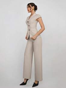 Aloruh Traje de negocios elegante de 2 piezas para mujer, estilo de negocios diario, estilo modesto de dinero antiguo, básico y simple, unicolor albaricoque, chaqueta de solapa única y pantalones, adecuado para primavera y verano, atuendo de 2 piezas, graduación, atuendo de maestro para mujer, regreso a la escuela en otoño/invierno