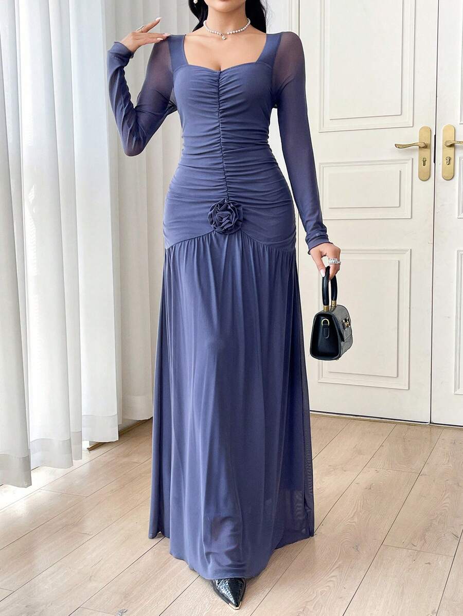 Modelyn 女士长款雪纺编织 3D 花卉收腰 A 字形浪漫优雅韩版连衣裙 - 霧霾藍 - 查看 1