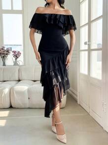 Modelyn 女式超长休闲露肩简约连衣裙，日常穿着 - 黑色 - 查看 5