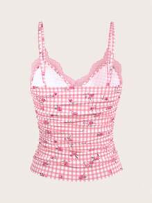 Sweetina Conjunto de primavera para mujer top de tirantes con parches de encaje y estampado floral, casual y de moda para uso diario