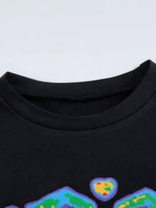 Girls' Black Minimalist Neon Graphic Print Round Neck Short Sleeve T-Shirt