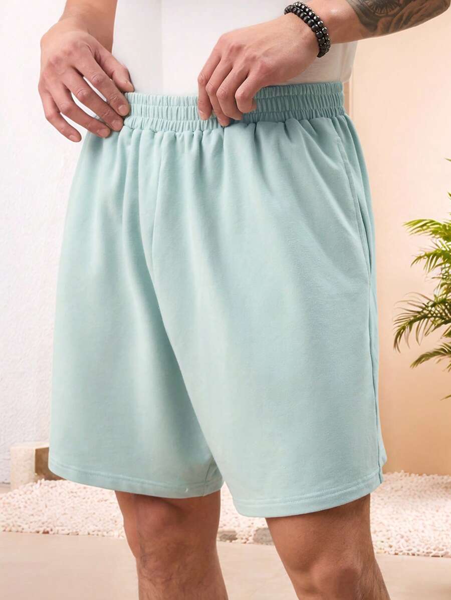 Manfinity VCAY Unisex Casual Knit Mid-Waist Elastic Waist Straight Leg Solid Color Shorts, Suitable For Daily Wear - Mint Green - View 1