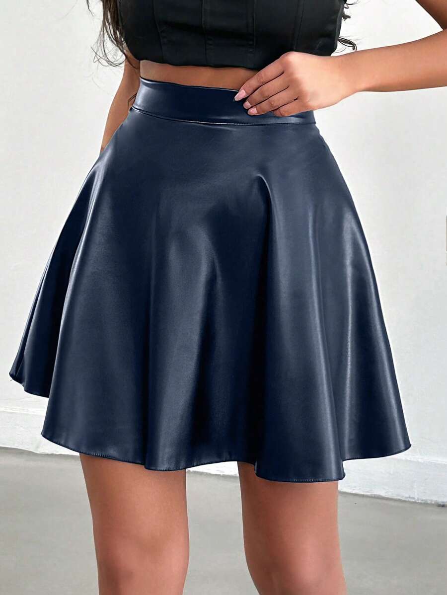 EURMUSE Women Solid Color PU Leather A-Line Mini Skirt - Navy Blue - View 1