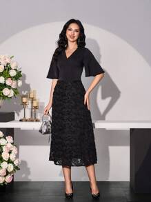 Modelyn Women's V-Neck Laser Cut Splice Long Dress - Black - View 3
